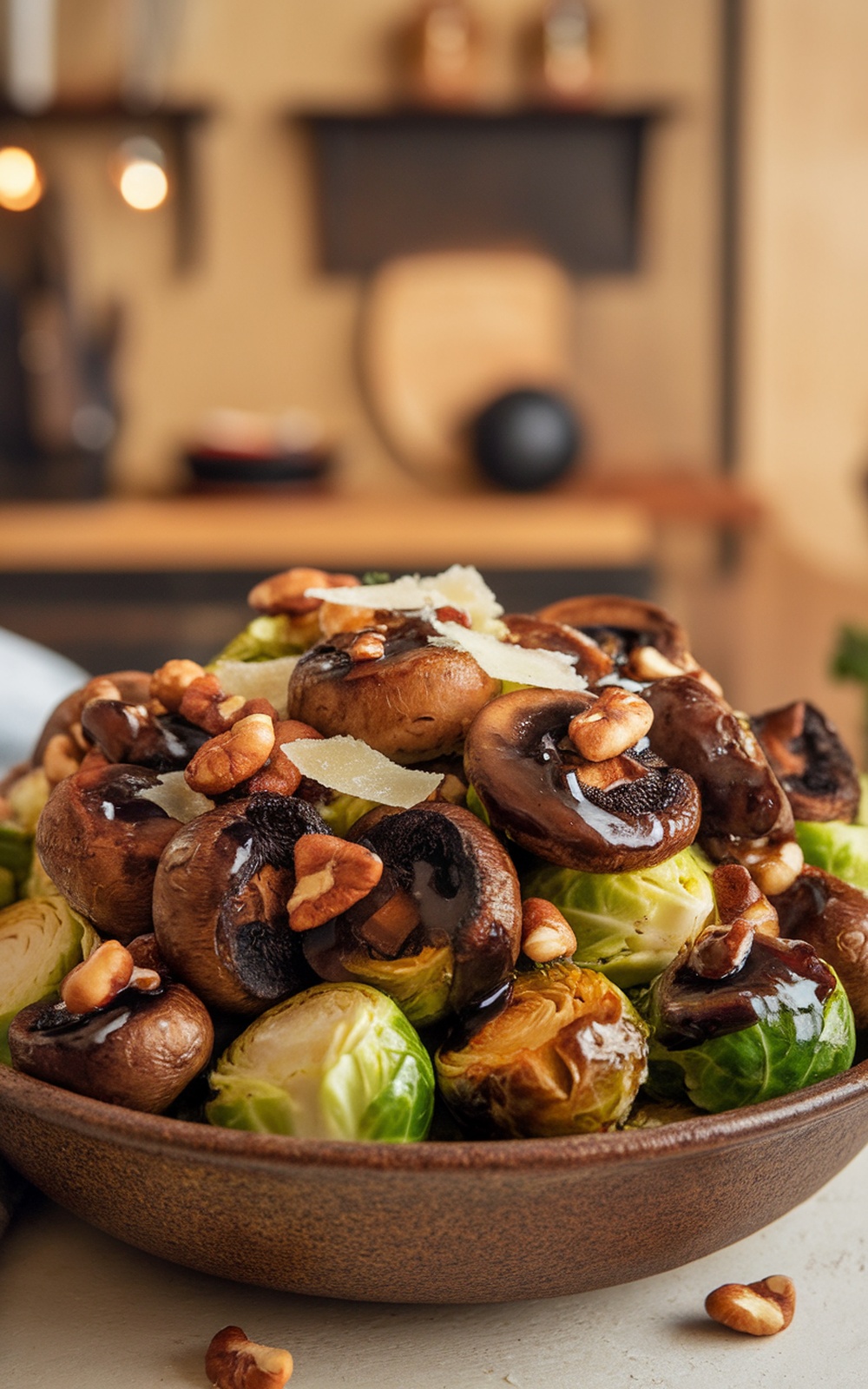 Caramelized Brussels sprouts and roasted mushrooms with balsamic glaze in a rustic bowl, garnished with nuts and parmesan.